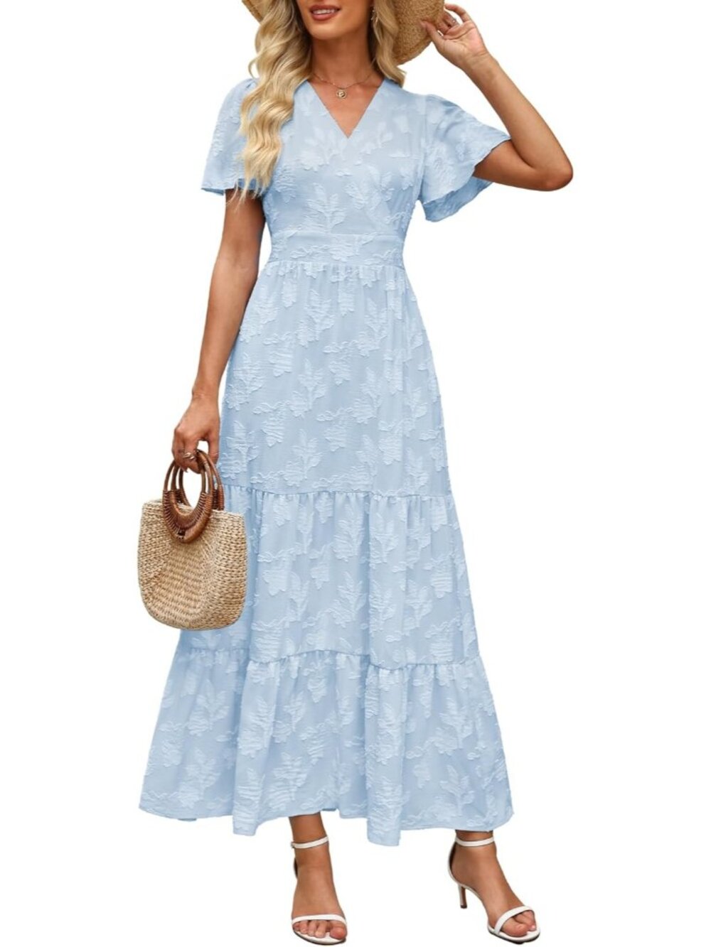 Women's Blue Short Flutter Sleeve V Neck Boho Floral Imported Maxi Dress